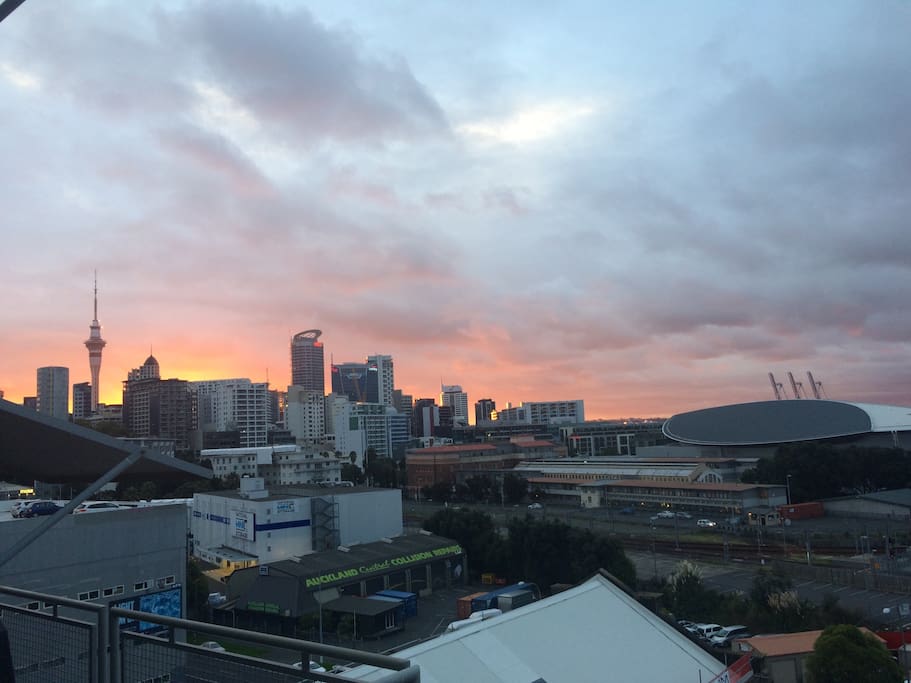 Sunset over Auckland city from the balcony