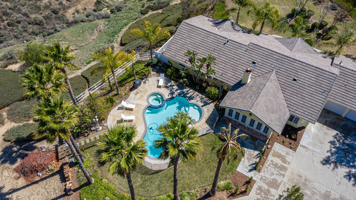 An aerial view captures a charming single-level home surrounded by lush greenery, with a saltwater pool and jacuzzi at the center. Palm trees line the patio area, complementing the inviting outdoor space. The property showcases a well-maintained landscape, enhancing its tranquil setting.
