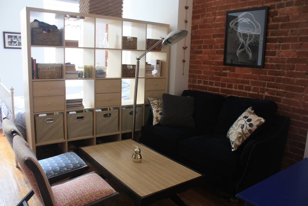 Exposed brick for a real New York feel. Open-back bookshelf allows sunlight to seep into the living area
