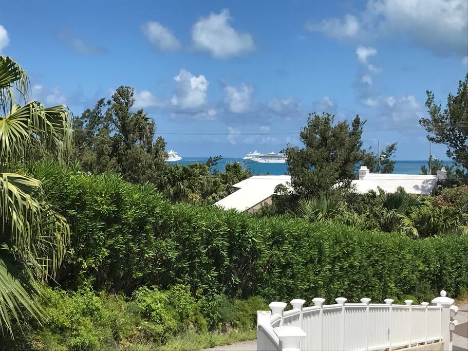 View from the neighborhood looking west towards cruise ships in Dockyard