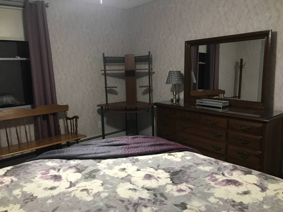 Corner desk, dresser and a bench that is inside for the winter but will be in the entry during summer months.