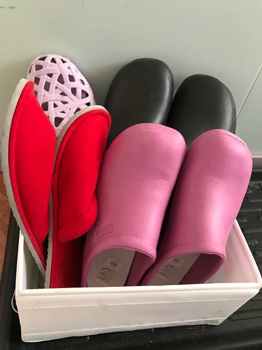 In Iceland ,we take our shoes OFF in the entry room, so we offer our guests a selection of slippers. We like all our guests to feel like home.