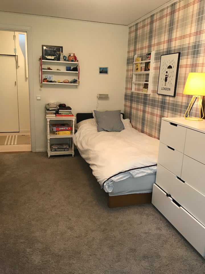 Тинејџерска соба на долниот кат со кревет под овој кревет, што лесно го прави ова двоен кревет