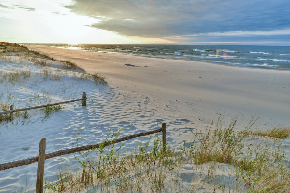 A serene beach scene captures rolling waves gently lapping at the shore. Soft sand stretches into the distance, framed by clumps of grass and wooden fencing. The sky, painted with muted colors, hints at a peaceful sunset, offering an inviting atmosphere.