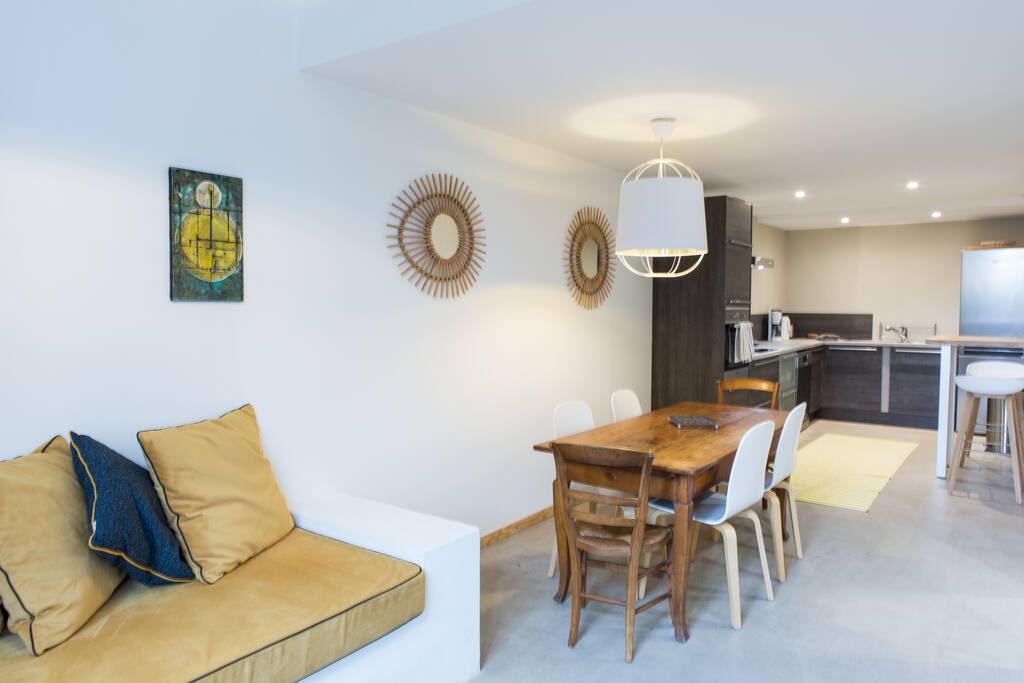 Open concept kitchen, dining and living room
