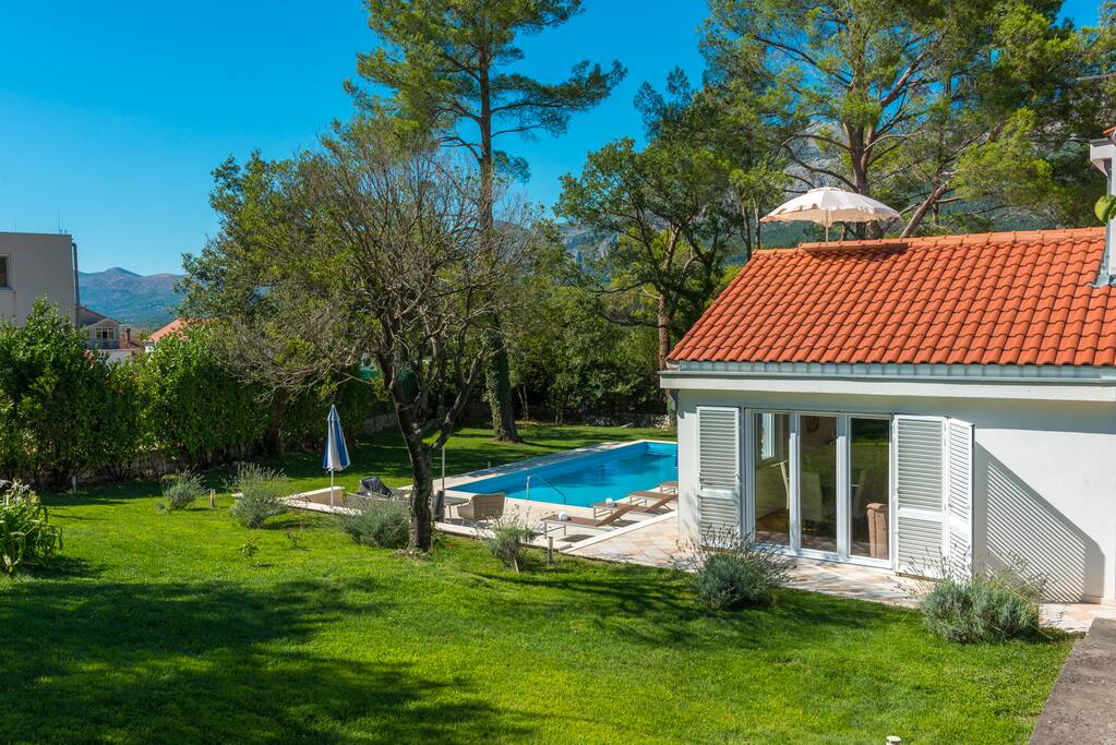 Outside with pool