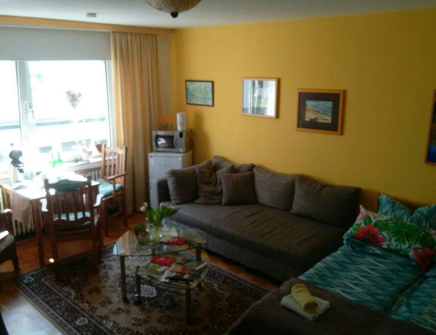 Gästezimmer mit Schlafmöglichkeiten für 3 Personen ..Ein Bett 140x200m, ein Sofa 100x200cm. Das Zimmer verfügt über einen Kühlschrank, Mikrowelle, Wasserkocher, Senseo, Bügeleisen, TV und einen kostenlosen W-Lan Zugang.