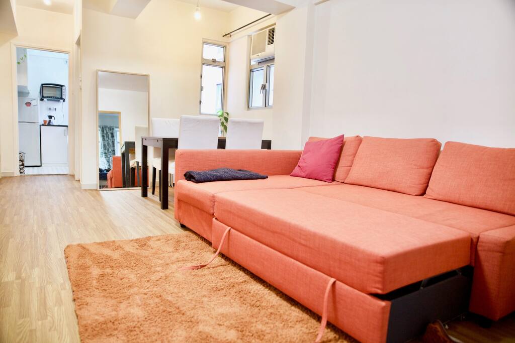 The Sofa with an extendable sofa bed function can be opened for a relaxing movie and for two people to sleep during the night.