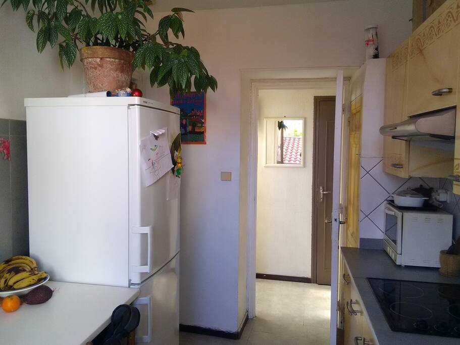 Cuisine /salle à manger, toute équipée (frigo congélateur, four, plaques induction), ustensils... petit laboratoire de bien être culinaire...lumineux(plein sud aussi). Au fond, vue sur le hall (toilettes en face, salle de bain et chambre à droite, entrée à gauche)