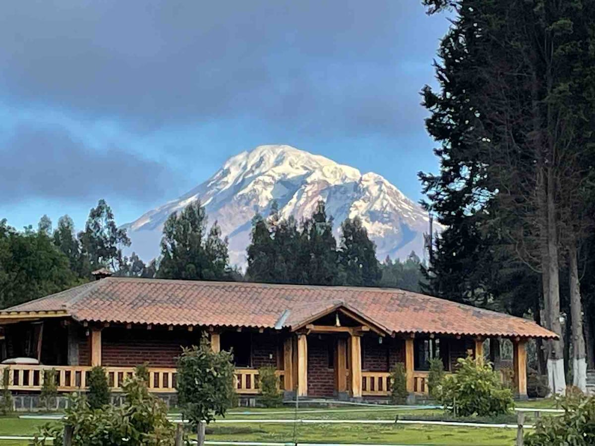 A rustic wooden cabin with a red-tiled roof is set against a backdrop of snow-capped mountains and lush trees. The structure features a spacious porch and multiple windows, providing a natural connection to the surrounding landscape.