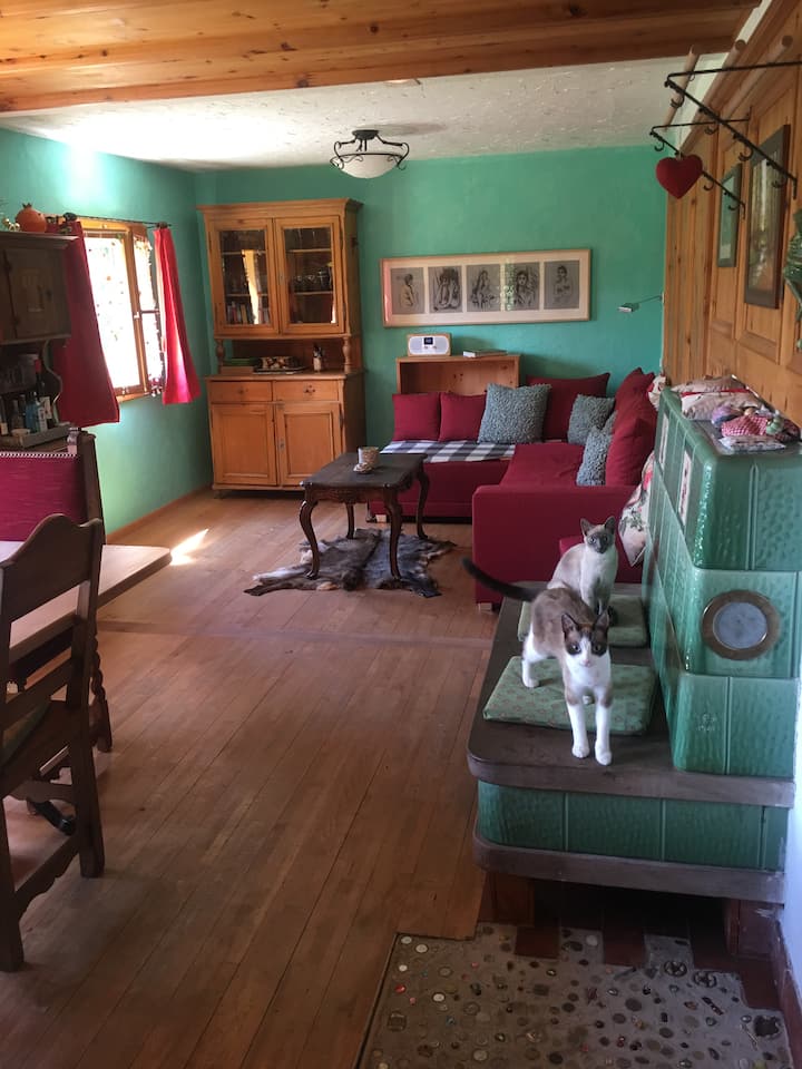 Obývačka s dlaždicovým sporákom