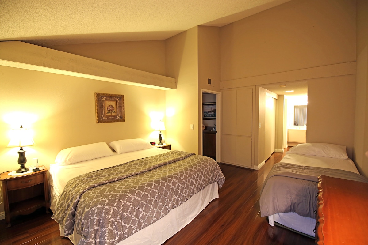 Главната спална соба има брачен кревет и брачен кревет.