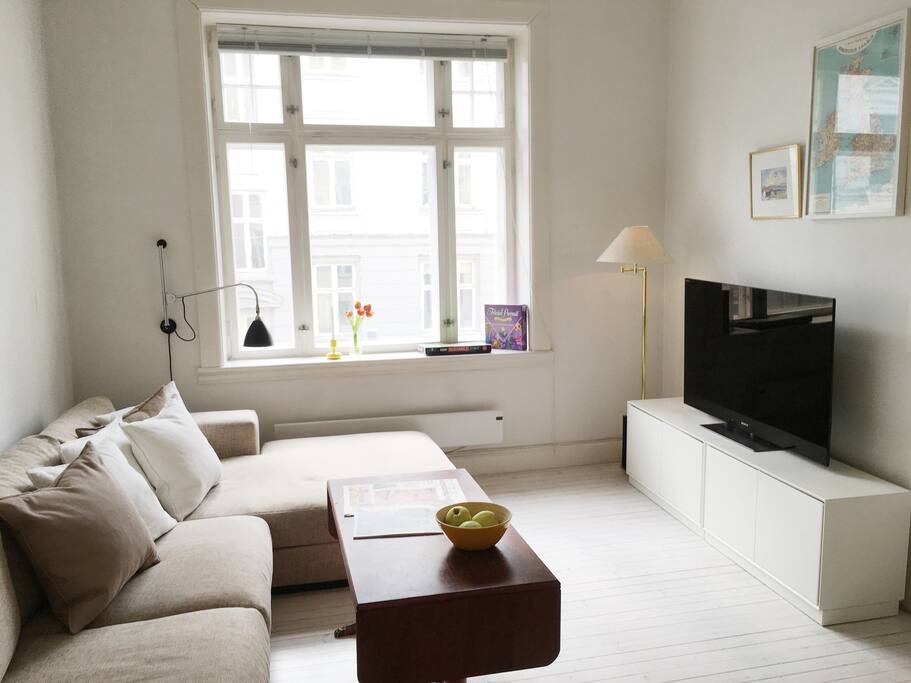 The livingroom as seen from the kitchen, with a large, comfortable sofa that works very well as a bed