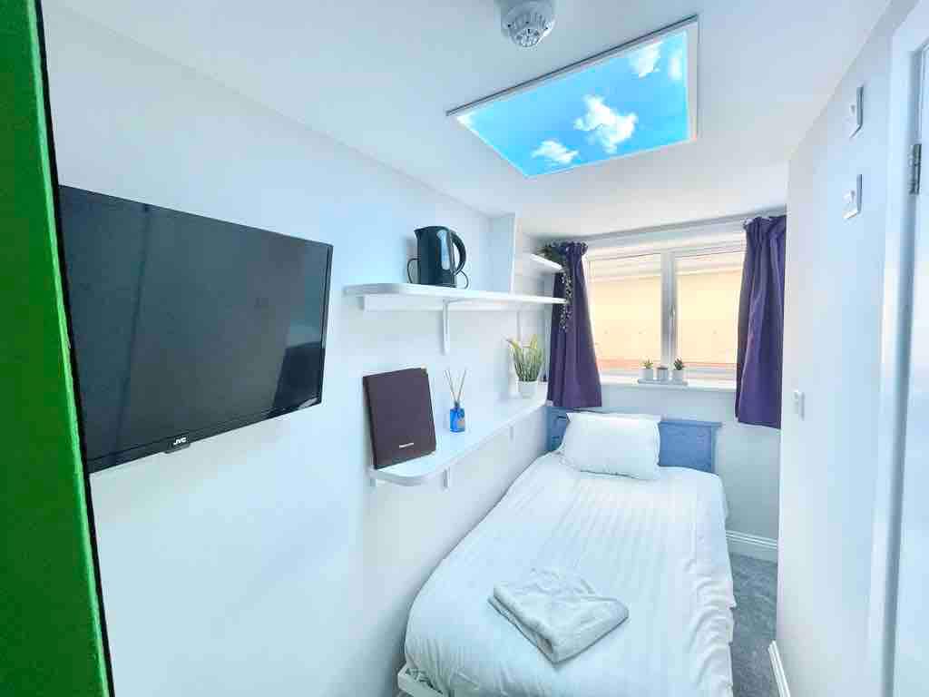 A cozy room features a spacious bed with a white blanket, a flat-screen TV mounted on the wall, and a small desk. Above, a skylight creates the illusion of an open sky. A window allows natural light to fill the space, complemented by plants on a shelf.