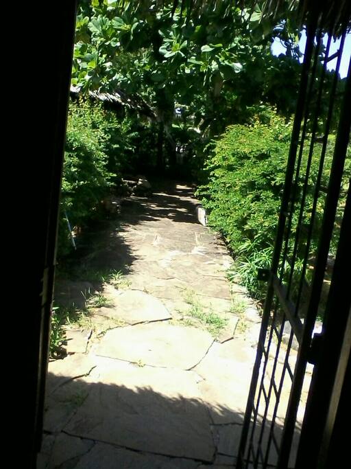 A path which will lead you to the gazibo and the harmok from the house.