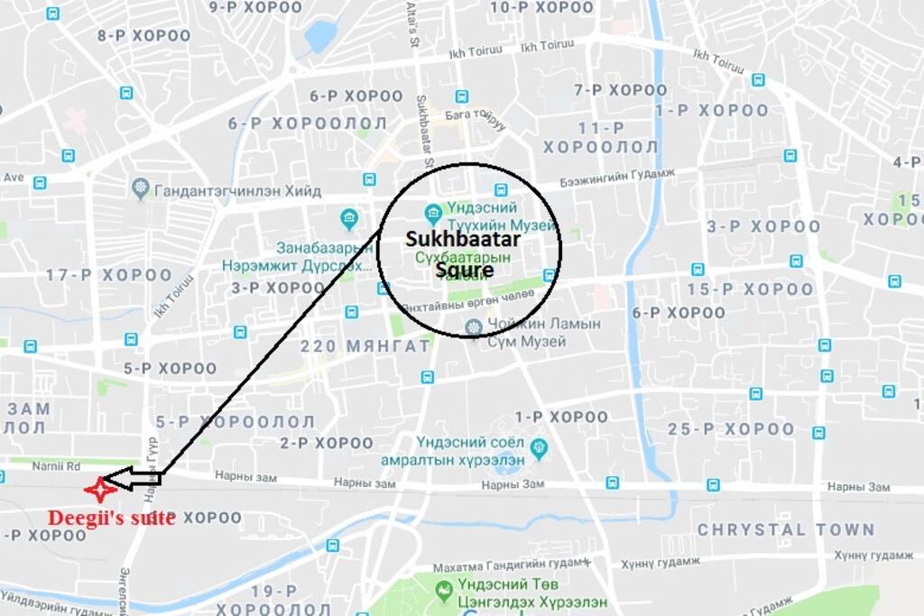 Location of the property in relation to UB downtown- Sukhbaatar Square (point zero UB)