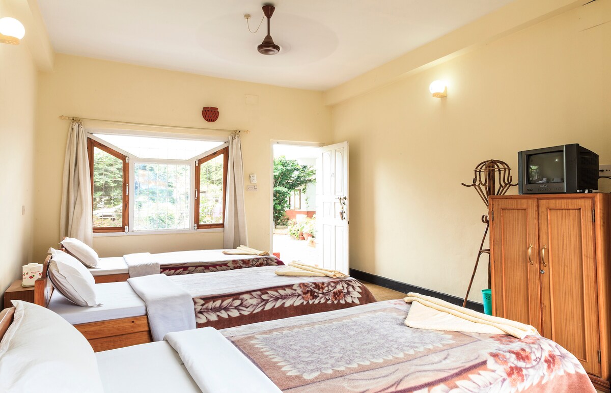 A spacious room features three beds with decorative bed linens and a soft blanket draped over one. A short wooden wardrobe and a small microwave are present. Large windows with multiple panes allow natural light and offer views of the garden outside. A door leads to the hallway.