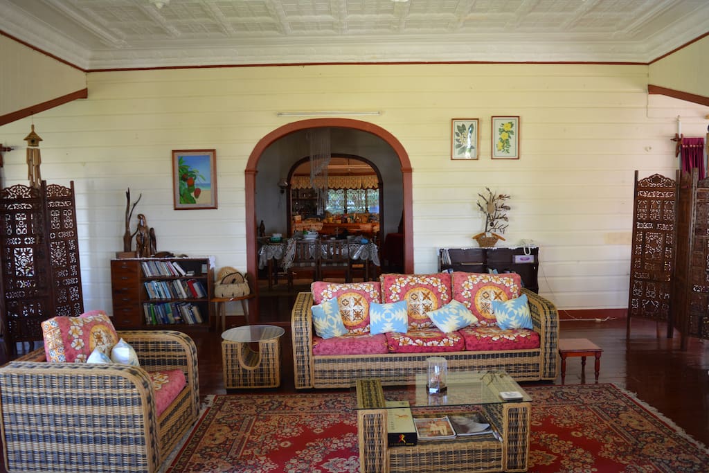 The living room looking out to the dining and the kitchen