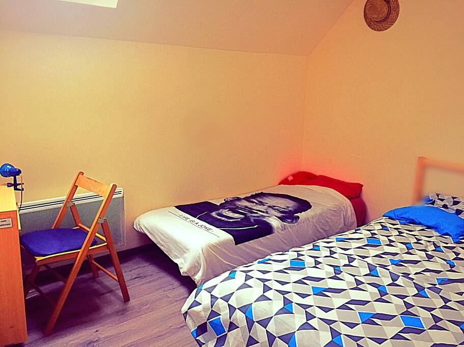 Chambre : 1 lit deux place + 1 petit lit, TV et bureau.