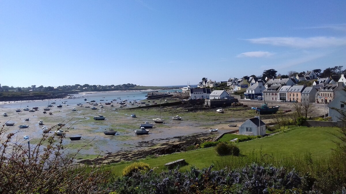 A scenic view of a coastal town shows boats anchored in shallow water, surrounded by greenery. The buildings alongside the shore feature various architectural styles, under a clear blue sky. The landscape reflects a serene atmosphere, inviting leisurely exploration.