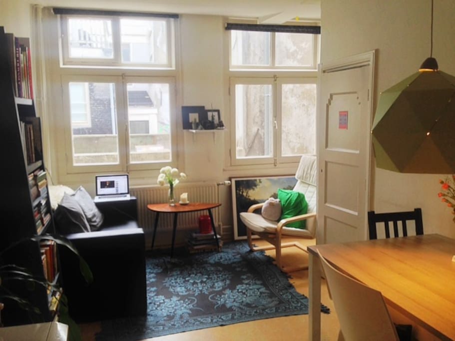 Open, spacious, and cozy living room and kitchenette. As you can see we have beautiful windows which really opens up the space. Feel free to open them up on warm days to catch some fresh air :)