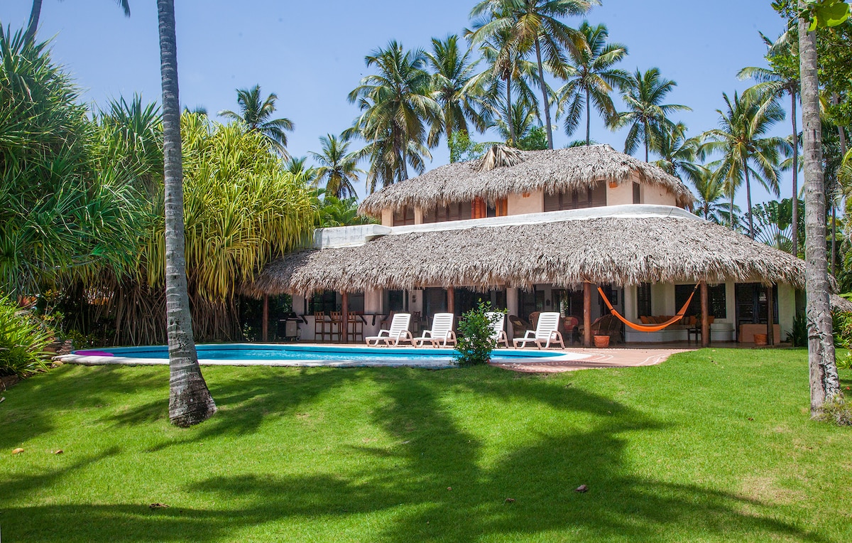 The villa features a thatched roof and is surrounded by lush greenery. A private pool is visible in front, with sun loungers arranged alongside it. Tall palm trees add to the tropical ambiance, while the spacious outdoor area invites relaxation.