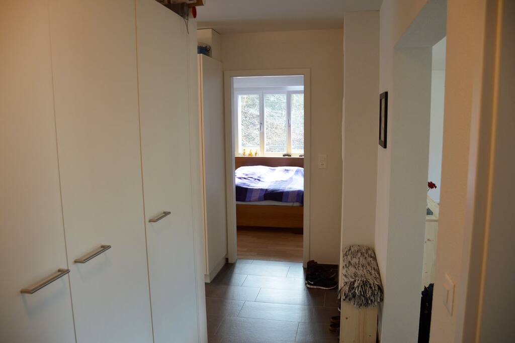 The hallway with wardrobe cabinets, towels, and cleaning accessories.