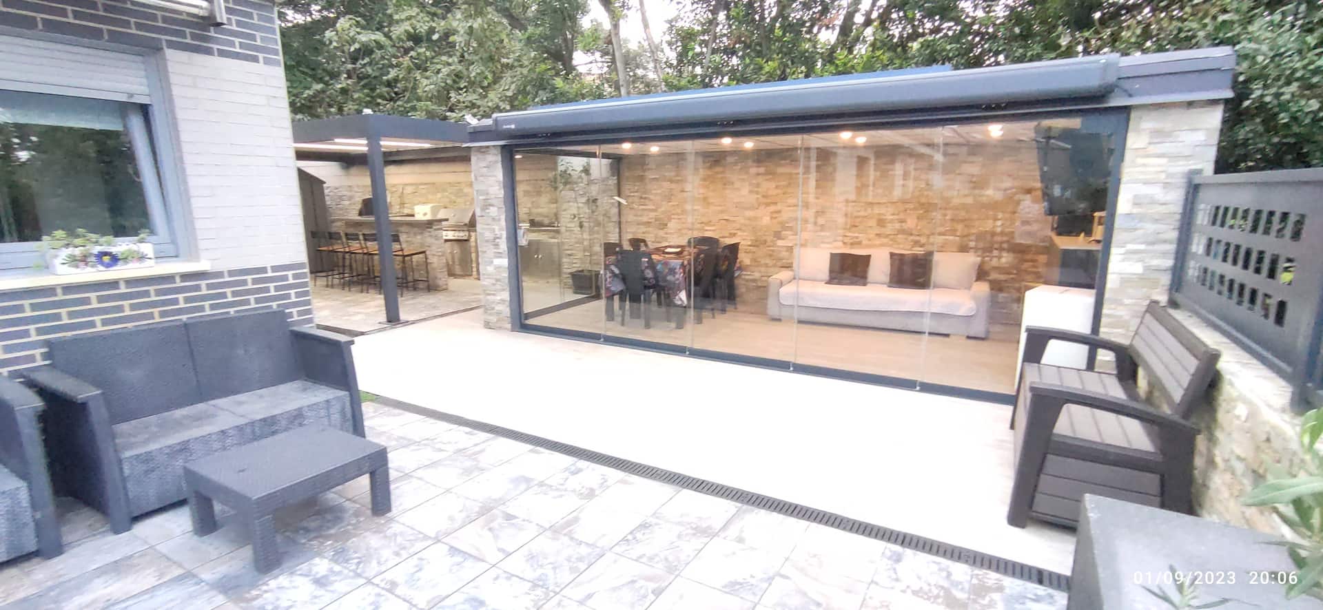 House with barbecue, bar, and gazebo