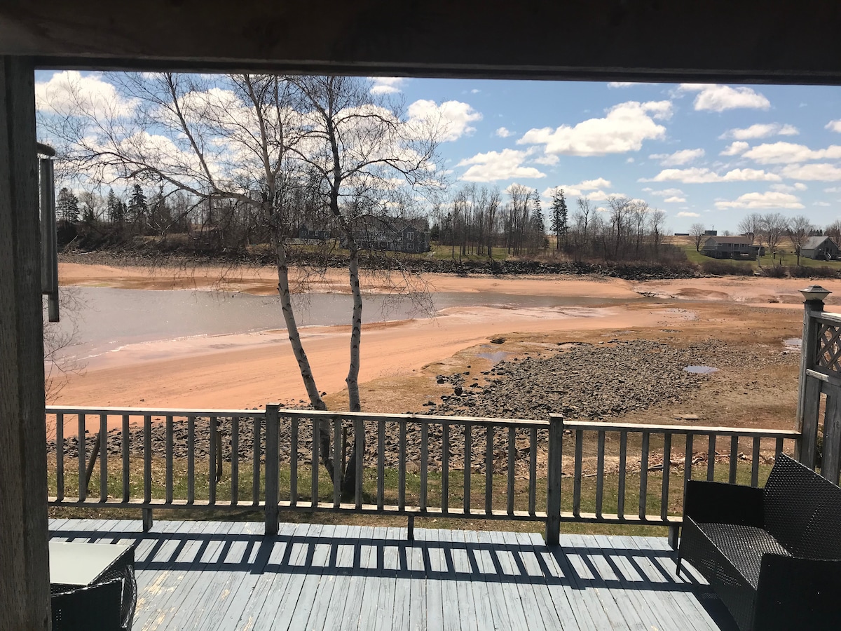 A view from the deck captures the changing tide along the shore. Brown sandy areas and rocky sections are visible beneath a bright blue sky dotted with fluffy clouds. A tree stands nearby, complementing the natural landscape.