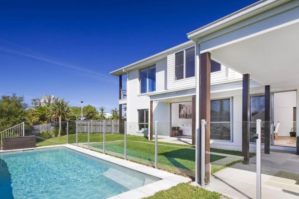 Salt water pool and backyard living.