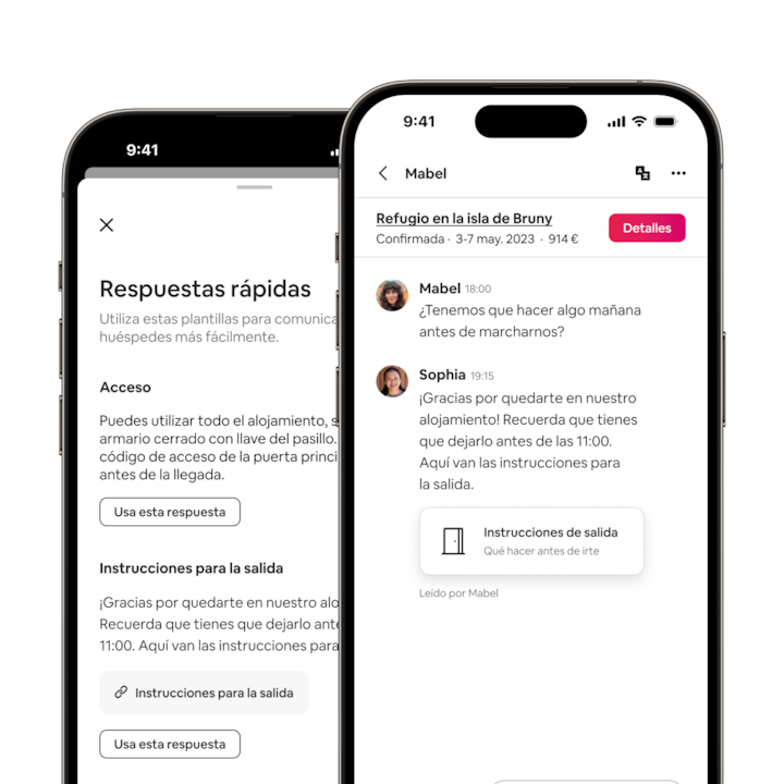La aplicación de Airbnb muestra cómo un anfitrión utiliza una respuesta rápida para enviar las tareas previas a la salida al huésped y una confirmación de lectura que indica que este último ha leído el mensaje.
