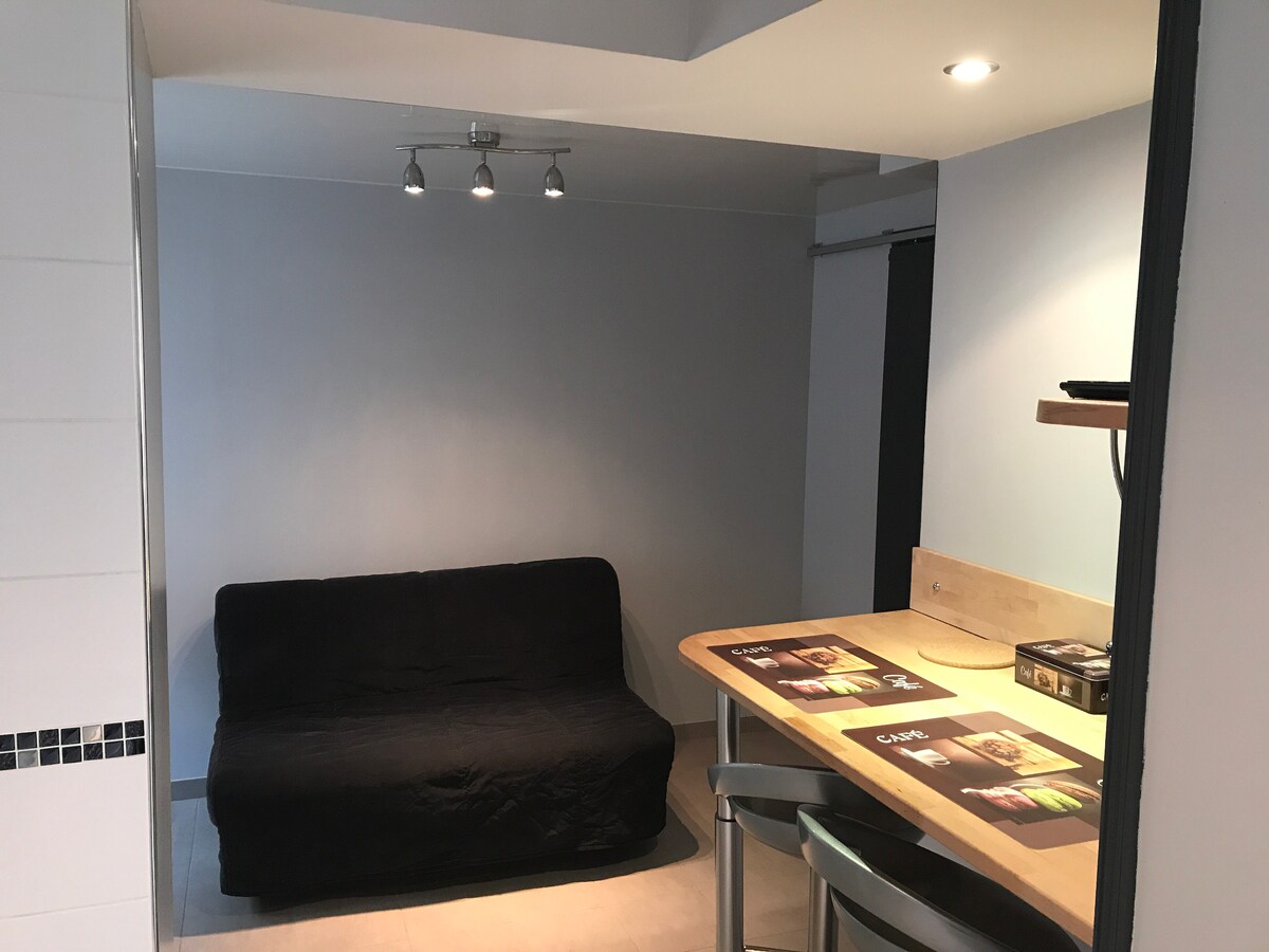 A multifunctional studio space is presented with a dark-colored sofa bed against a light gray wall. A wooden dining table is set with placemats, accompanied by two metallic chairs. Soft lighting from a ceiling fixture enhances the simplicity of the design.