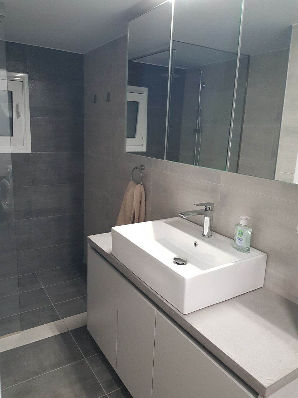 The modern bathroom features grey tiled walls and floors, equipped with a spacious shower area. A rectangular basin rests on a sleek countertop, complemented by a mirror above. A towel hangs on a rod, and a soap dispenser is placed nearby.