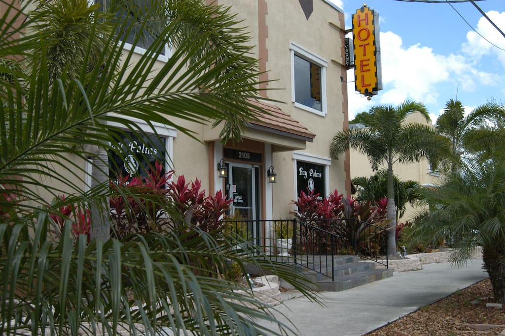 Hotel entrance and exterior.