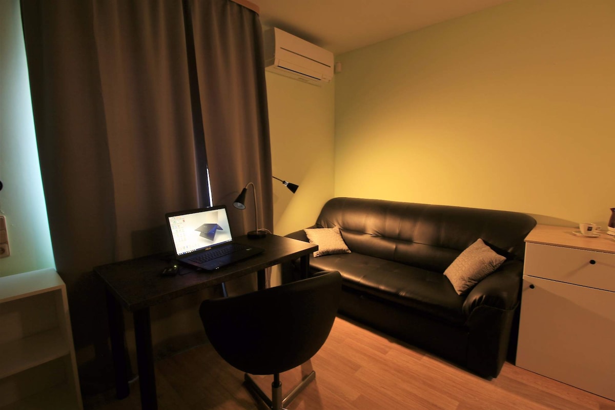 A compact guest room features a sleek black sofa paired with a small desk and laptop. Soft green walls and natural light create a calming environment, while curtains partially obscure a window. A round chair completes the workspace, offering comfort and functionality.