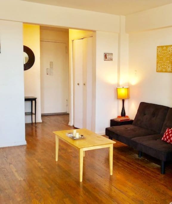 Foyer leads to hallway, four large closets, and bathroom.