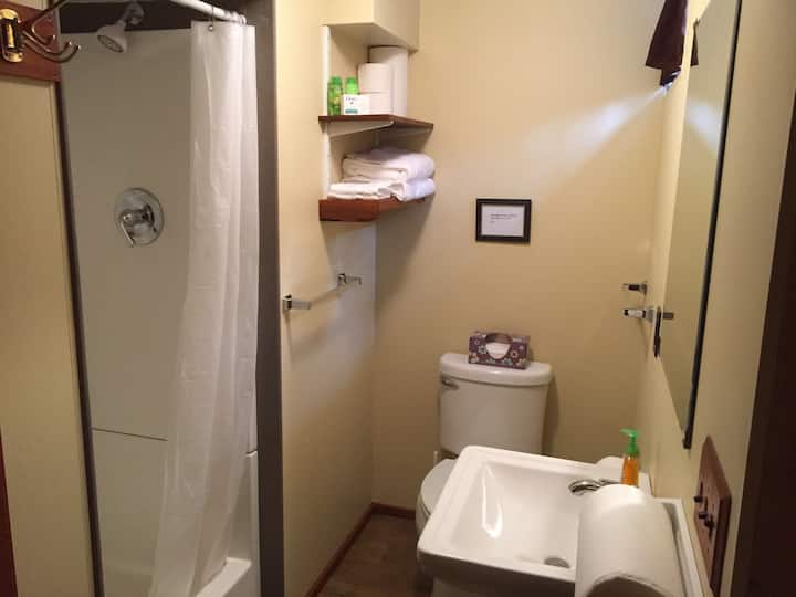Private full bath, stocked with essentials. Also included towels, soap and shampoo.