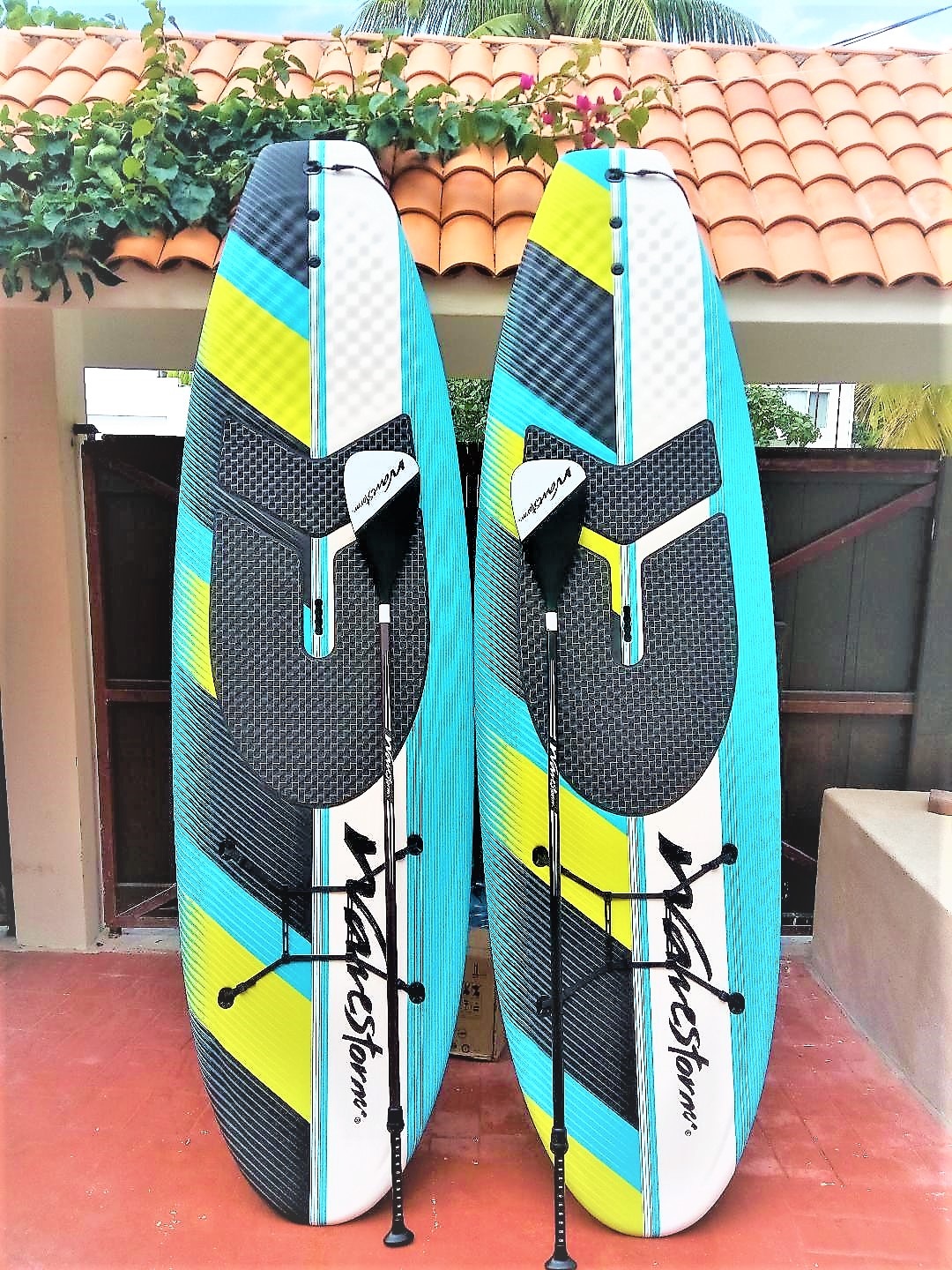 Two brightly colored paddle boards are positioned upright against a wall, showcasing a design featuring blue, green, and black colors. Each board is accompanied by a matching paddle, with a tiled roof and foliage visible in the background.