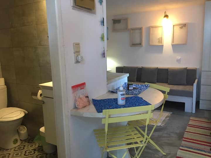 Väčšina štúdia na jednej fotke ! Kúpeľňa, jedálenský stôl a obývacia izba s kuchyňou vedľa nej ! 