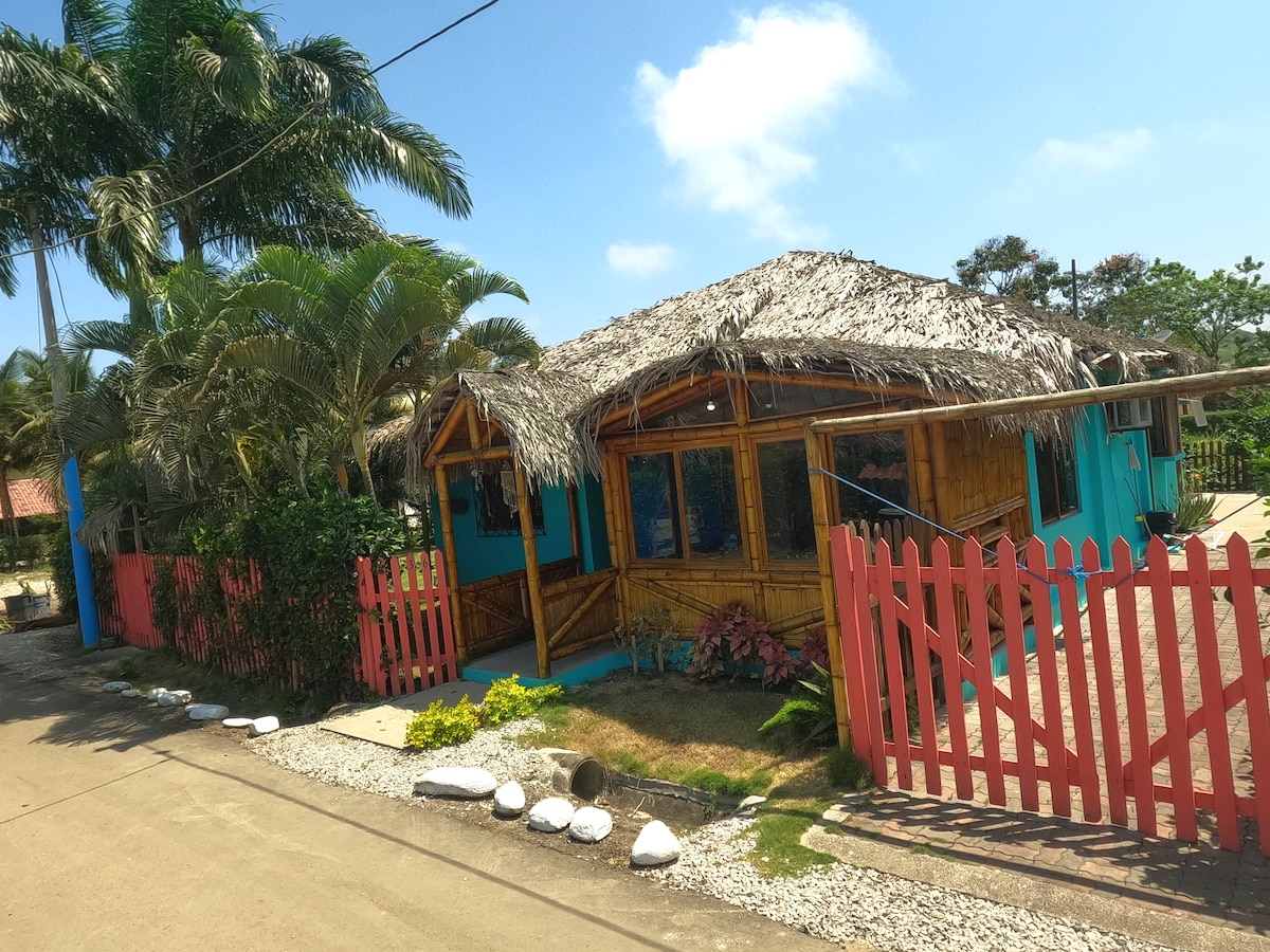 A charming tropical house features a thatched roof and vibrant blue walls. Surrounding vegetation includes palm trees and colorful flowers. A red wooden fence encloses the property, with a pathway of stones leading to the entrance. The bright sky adds to the inviting exterior.