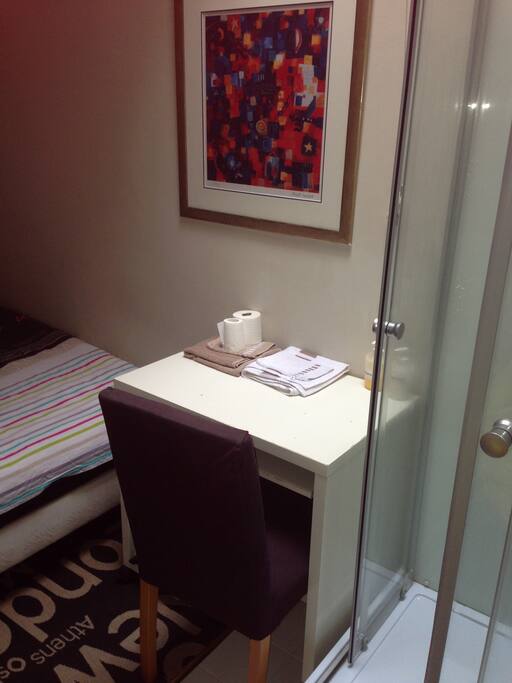 Desk, towels, toilet paper, gloves, chair painting, bed shower, shower gel, shampoo