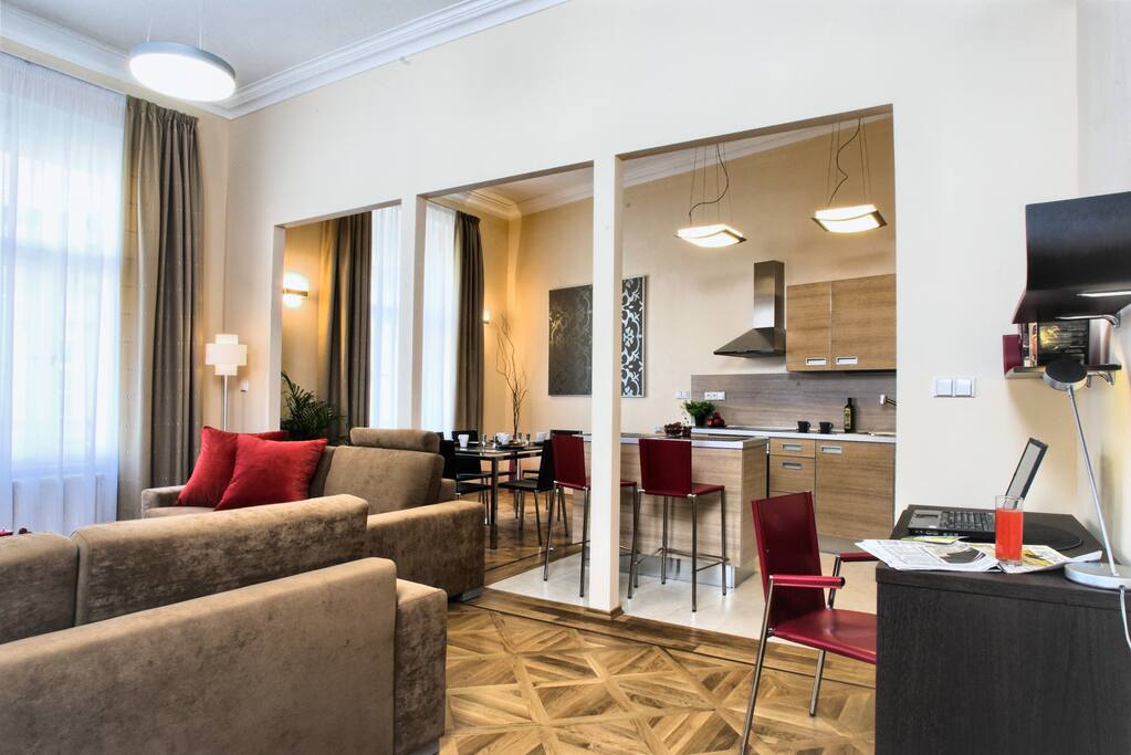 Overview - living area with working corner and kitchen