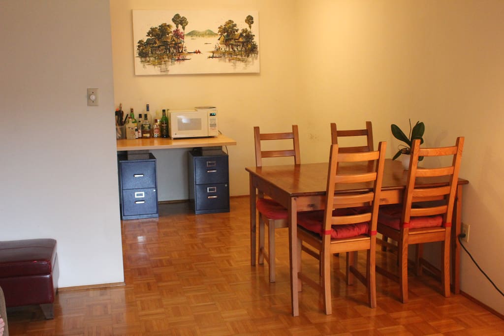 Dining table & microwave.