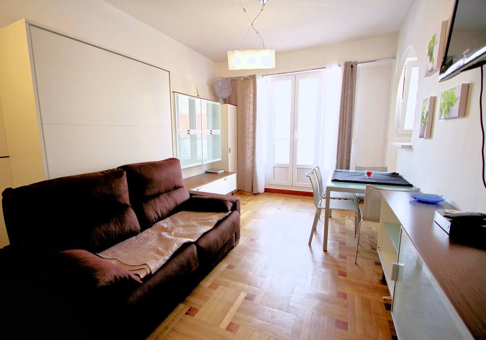 Séjour salle à manger lumineux avec un vrai canapé-lit 2 places et une télévision.