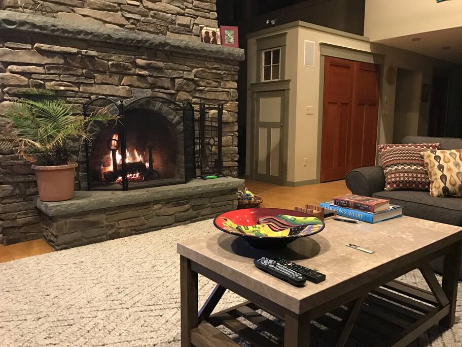 Living room with stone fireplace