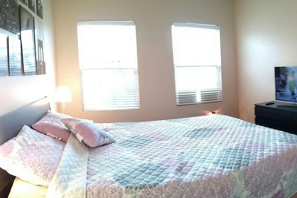 View of windows with lamps on.
