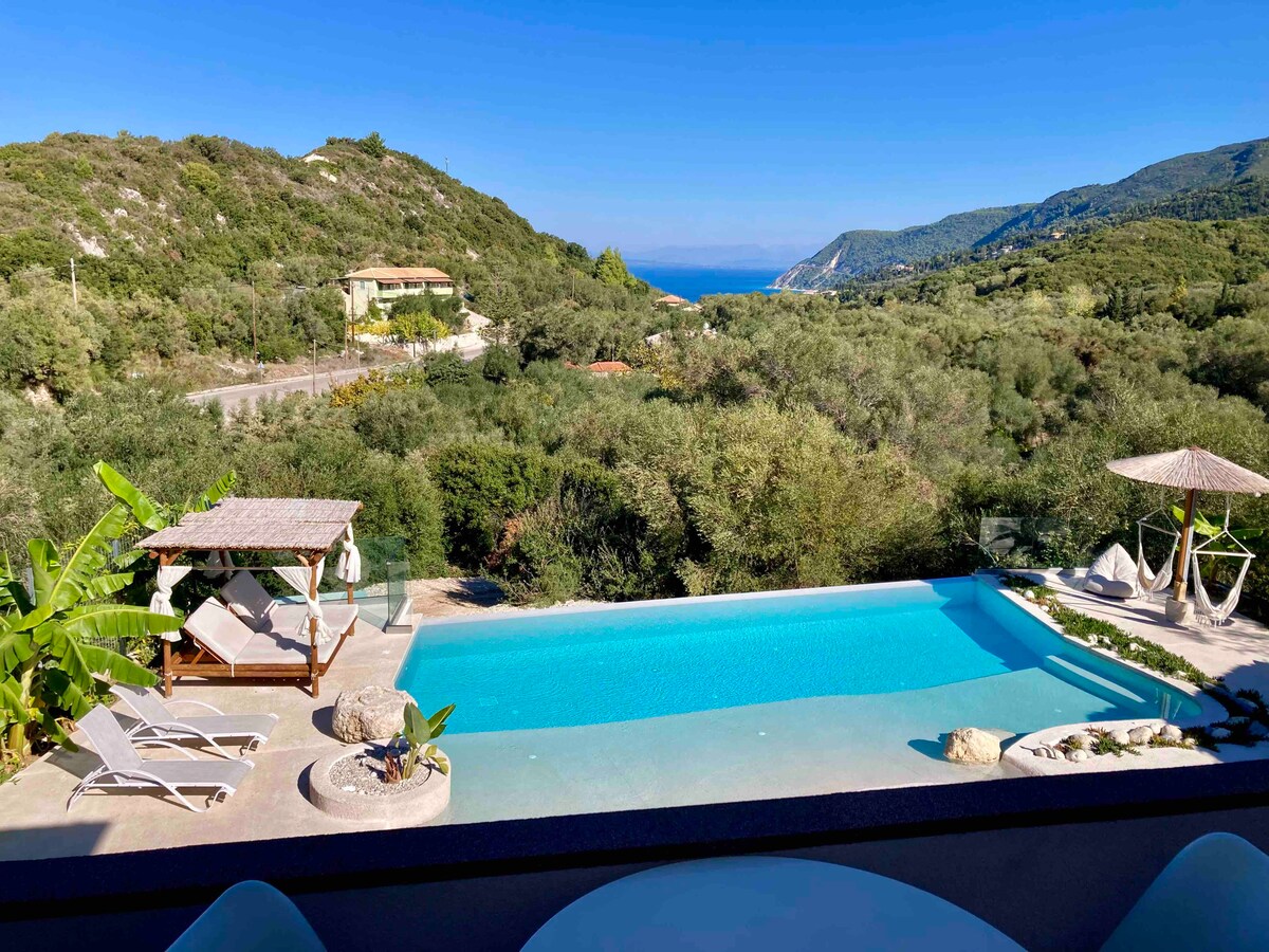 A clear view of a luxury pool surrounded by olive fields. Sunbeds and a shaded gazebo are positioned beside the pool, with distant hills and the sea visible in the background under a bright blue sky.