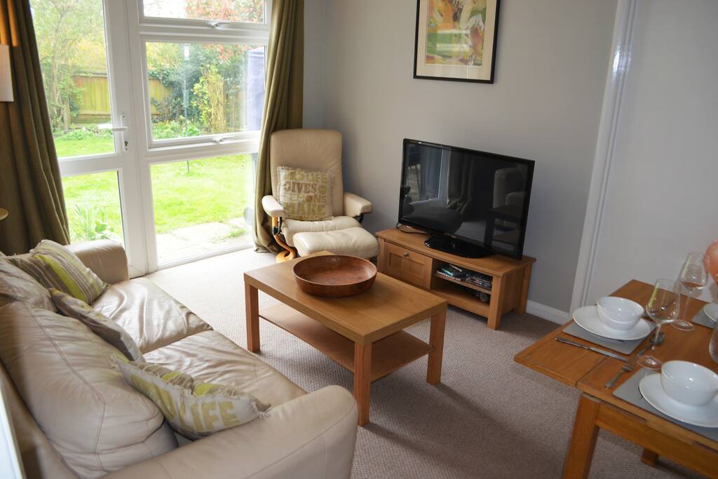 Living room showing sofa-bed, TV and French windows to the shared garden.