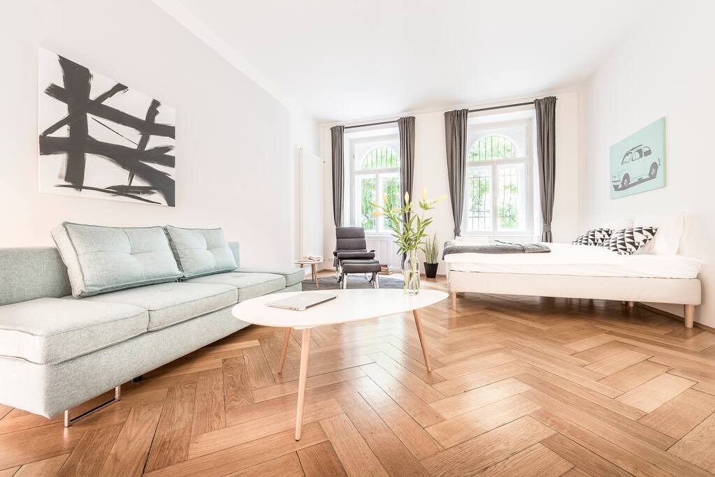 Bedroom w. king size bed (180x200cm), foldable sofa (150x200cm), closet and TV.