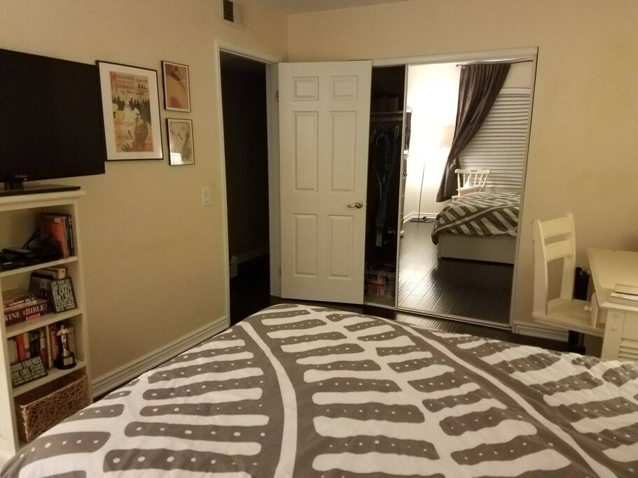 Desk, closet with hangers, and TV